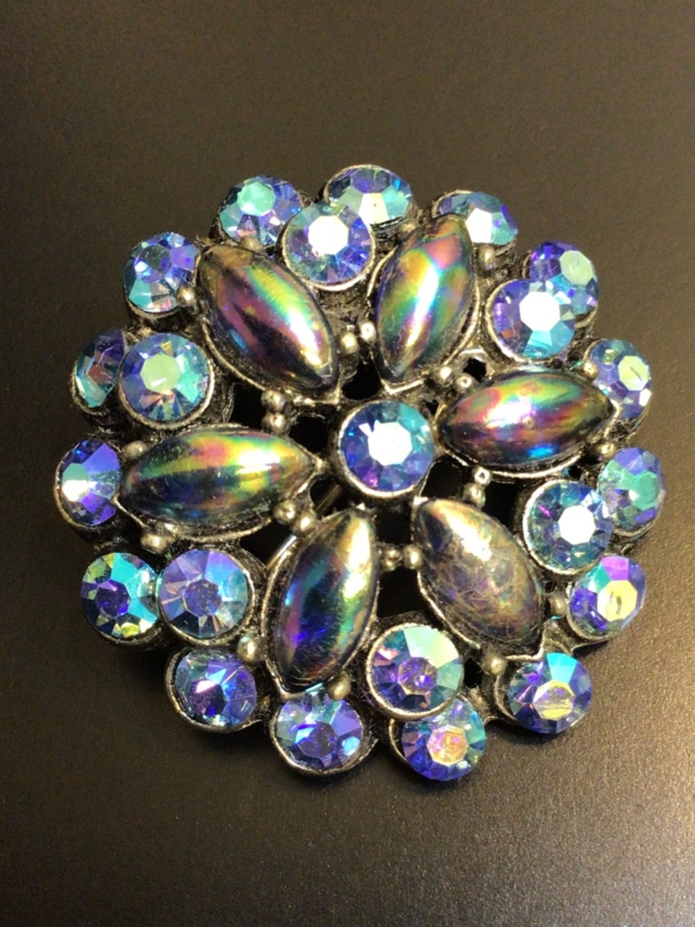 Triad Blue Iridescent Aurora Borealis Rhinestone Brooch Vintage 50s-60s